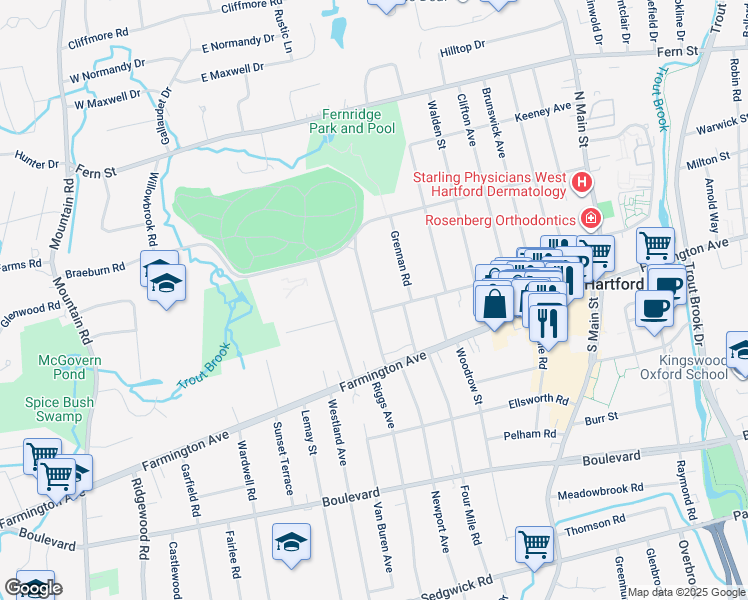 map of restaurants, bars, coffee shops, grocery stores, and more near 32 Arlington Road in West Hartford
