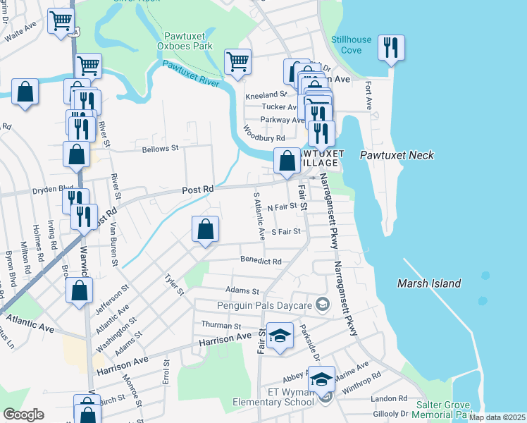 map of restaurants, bars, coffee shops, grocery stores, and more near 42 North Fair Street in Warwick