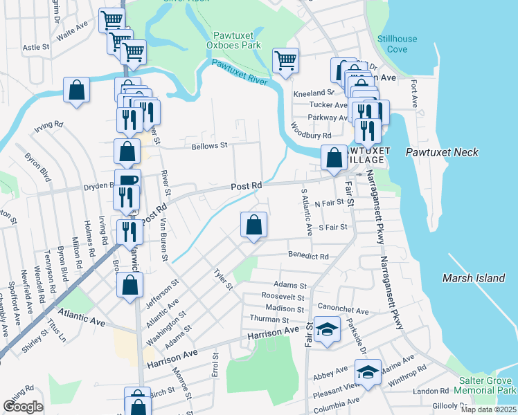 map of restaurants, bars, coffee shops, grocery stores, and more near 202 Post Road in Warwick
