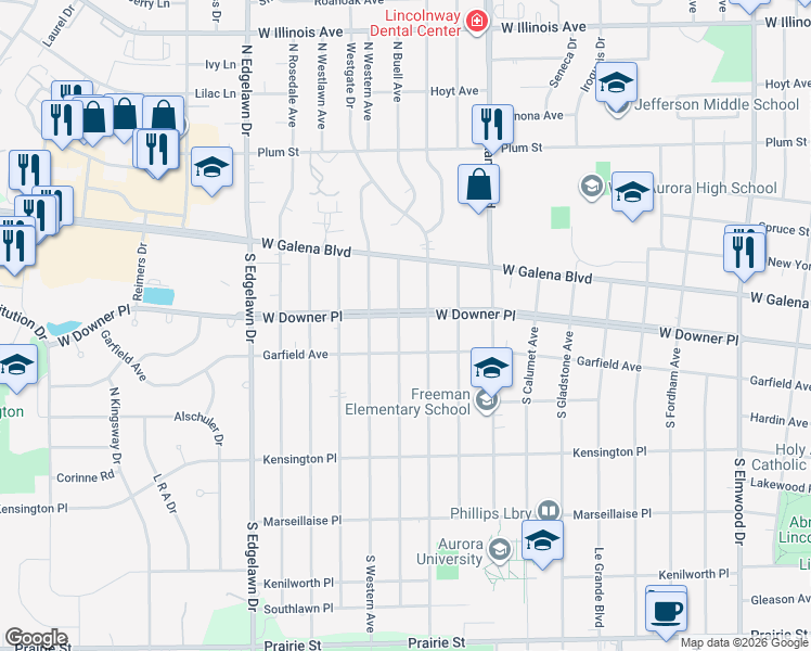 map of restaurants, bars, coffee shops, grocery stores, and more near 1520 West Downer Place in Aurora