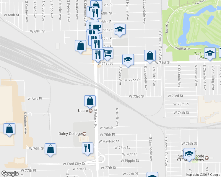 map of restaurants, bars, coffee shops, grocery stores, and more near 7228 South Springfield Avenue in Chicago