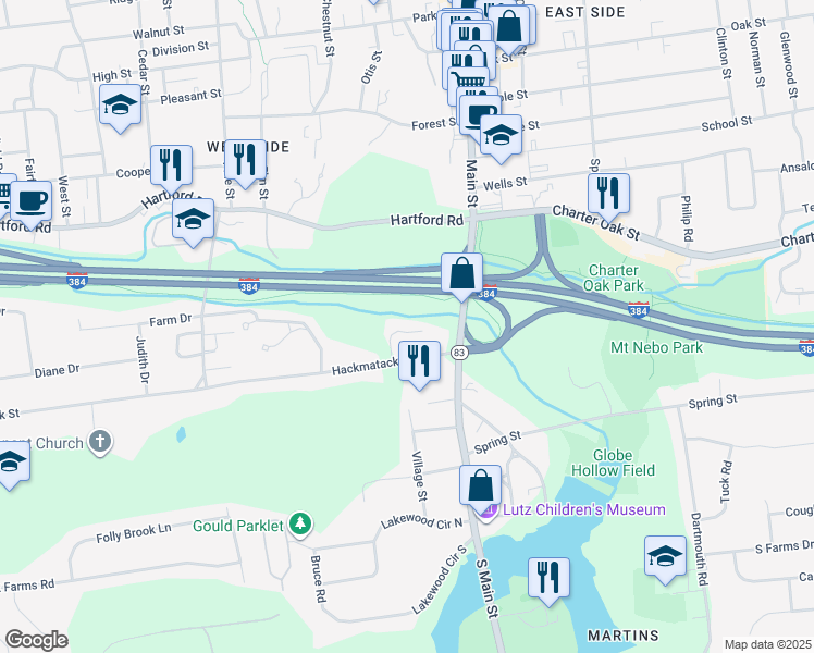 map of restaurants, bars, coffee shops, grocery stores, and more near 26 Mulberry Lane in Manchester