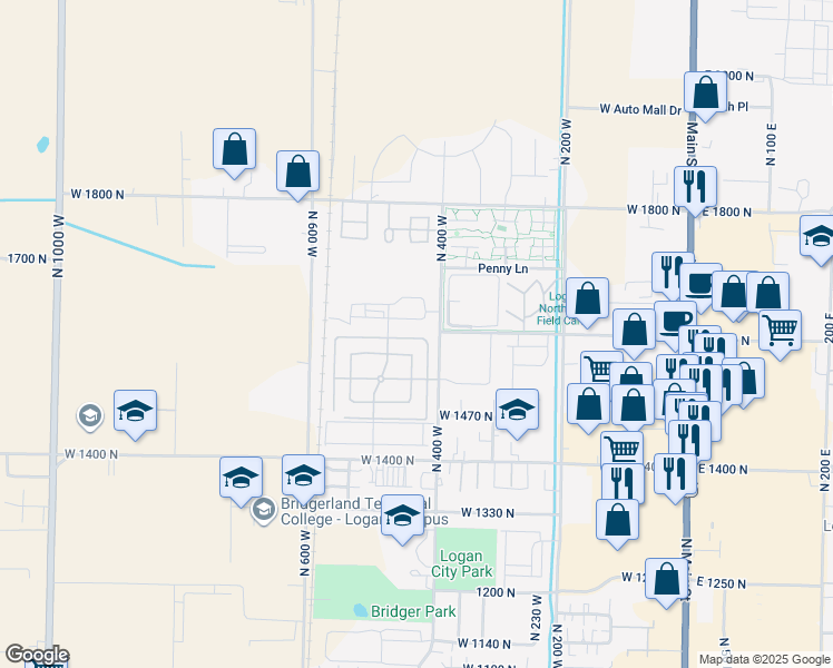 map of restaurants, bars, coffee shops, grocery stores, and more near 425 Greenview Loop in Logan