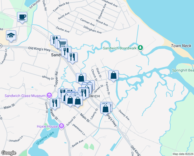 map of restaurants, bars, coffee shops, grocery stores, and more near 16 Church Street in Sandwich