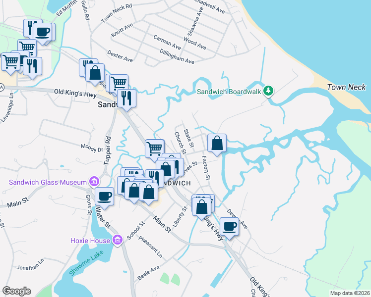 map of restaurants, bars, coffee shops, grocery stores, and more near 16 Church Street in Sandwich