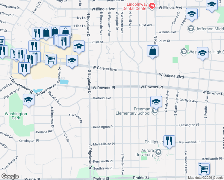 map of restaurants, bars, coffee shops, grocery stores, and more near 1628 West Downer Place in Aurora