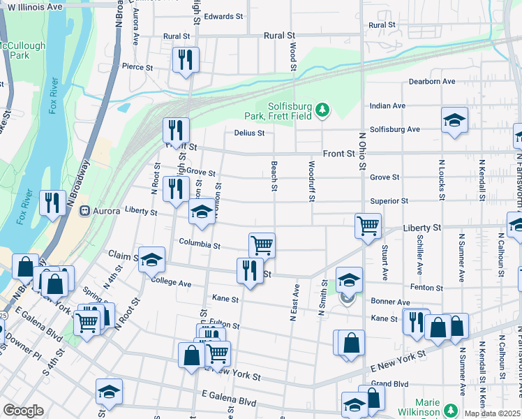 map of restaurants, bars, coffee shops, grocery stores, and more near 757 Superior Street in Aurora