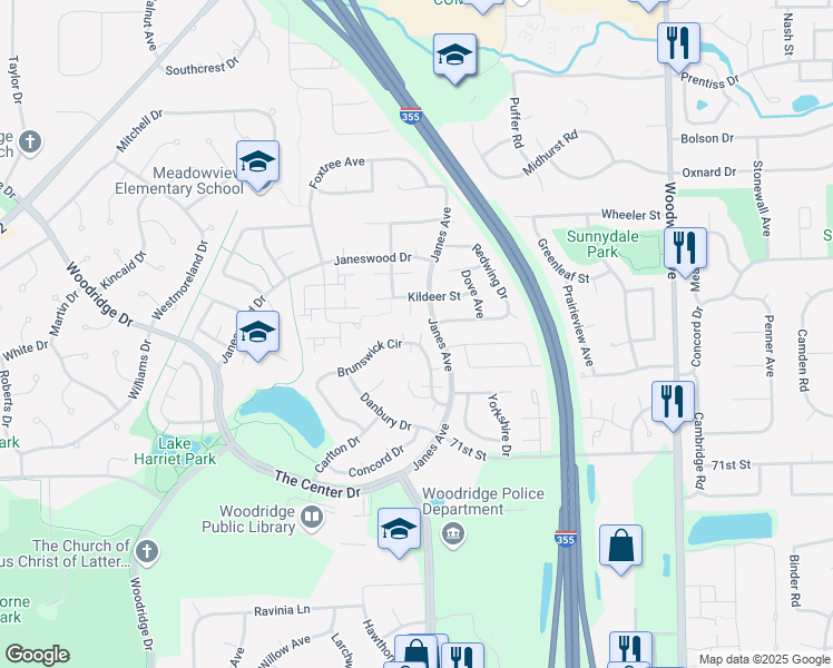 map of restaurants, bars, coffee shops, grocery stores, and more near 2458 Brunswick Circle in Woodridge