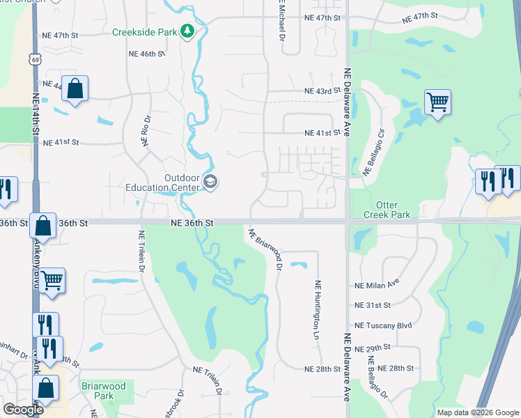 map of restaurants, bars, coffee shops, grocery stores, and more near 803 Northeast Rosewood Lane in Ankeny