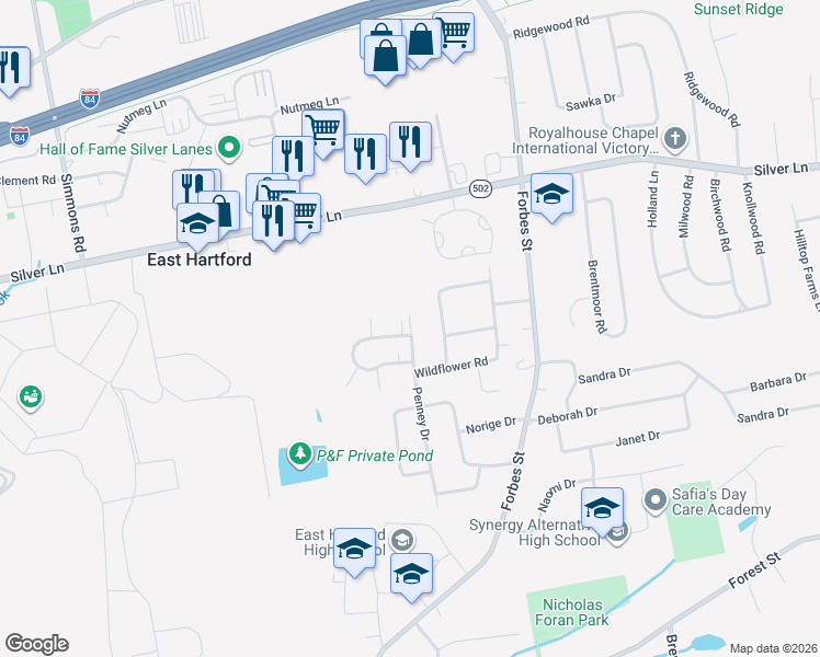 map of restaurants, bars, coffee shops, grocery stores, and more near 2 Wakefield Circle in East Hartford