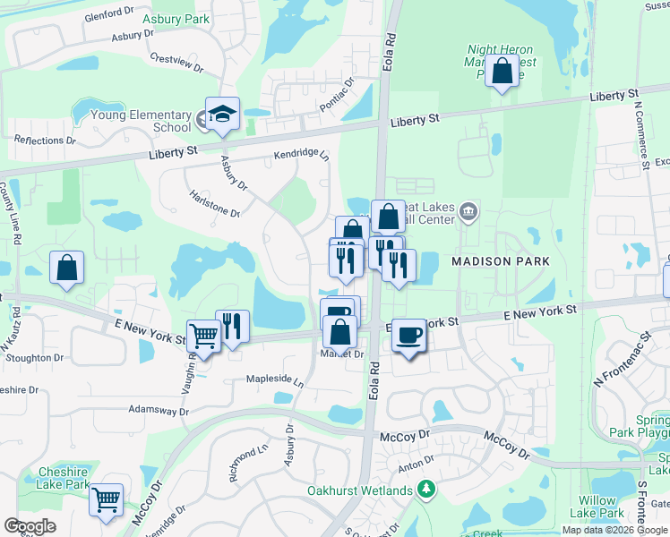 map of restaurants, bars, coffee shops, grocery stores, and more near 475 Samantha Court in Aurora