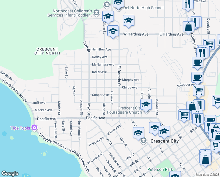 map of restaurants, bars, coffee shops, grocery stores, and more near 485 Fresno Street in Crescent City