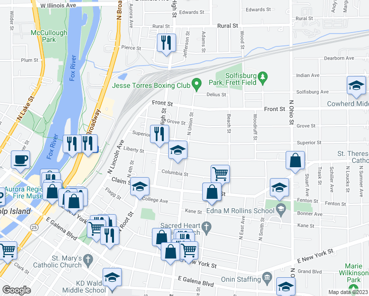 map of restaurants, bars, coffee shops, grocery stores, and more near 312 North Union Street in Aurora