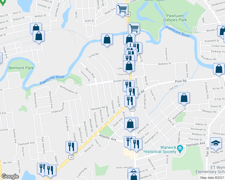 map of restaurants, bars, coffee shops, grocery stores, and more near 194 Holmes Rd in Warwick