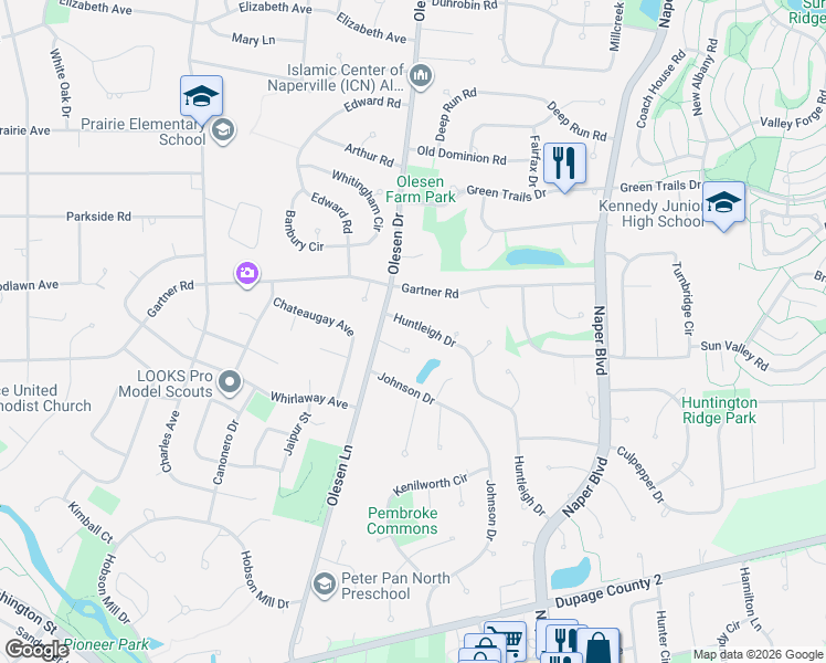 map of restaurants, bars, coffee shops, grocery stores, and more near 813 Huntleigh Drive in Naperville
