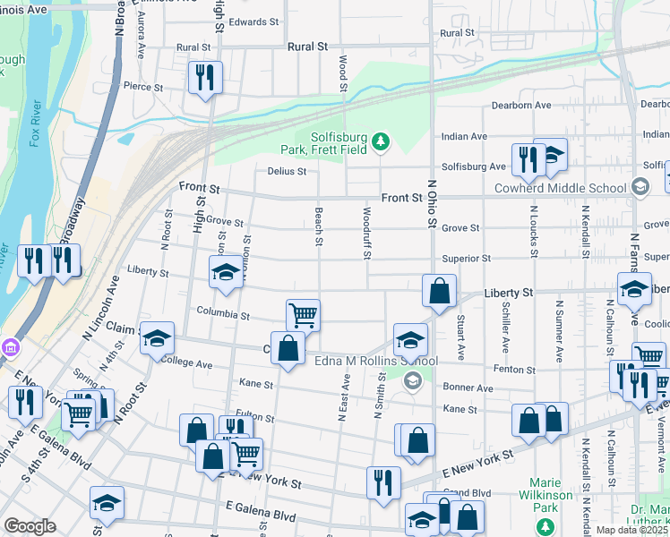 map of restaurants, bars, coffee shops, grocery stores, and more near 813 Superior Street in Aurora