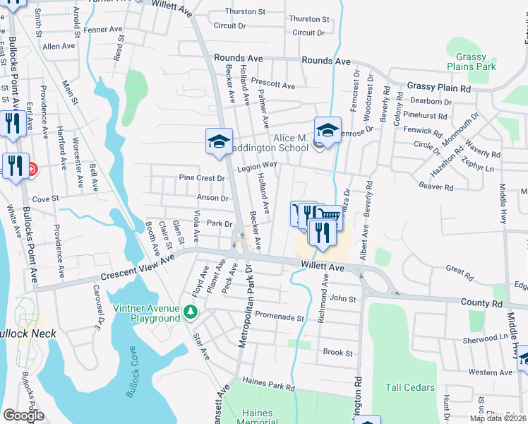 map of restaurants, bars, coffee shops, grocery stores, and more near 165 Holland Ave in East Providence