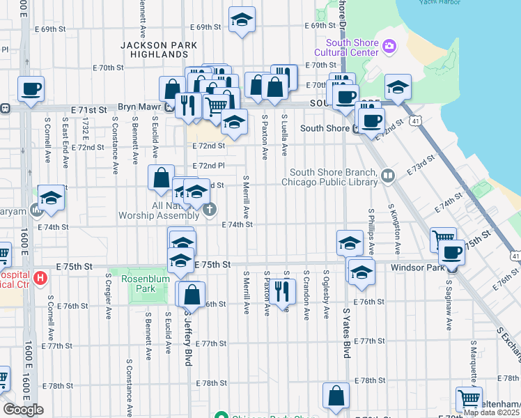 map of restaurants, bars, coffee shops, grocery stores, and more near 7336 South Paxton Avenue in Chicago