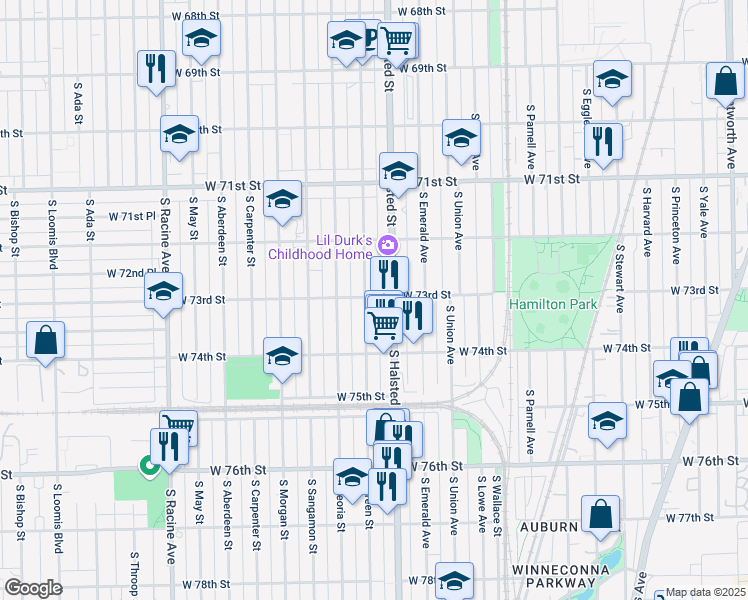 map of restaurants, bars, coffee shops, grocery stores, and more near 817 West 73rd Street in Chicago