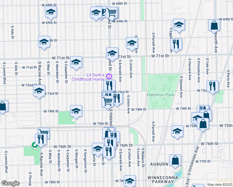 map of restaurants, bars, coffee shops, grocery stores, and more near 7300 South Emerald Avenue in Chicago