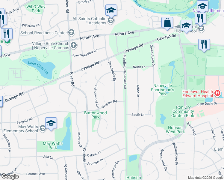map of restaurants, bars, coffee shops, grocery stores, and more near 731 Thornapple Drive in Naperville