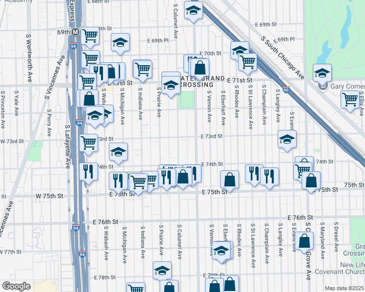 map of restaurants, bars, coffee shops, grocery stores, and more near 7319 South Calumet Avenue in Chicago