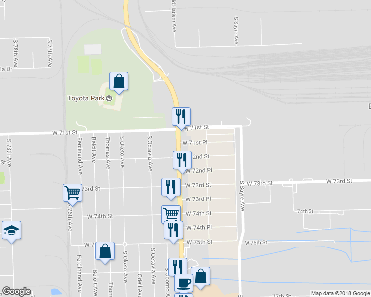 map of restaurants, bars, coffee shops, grocery stores, and more near 7157 West 71st Place in Chicago