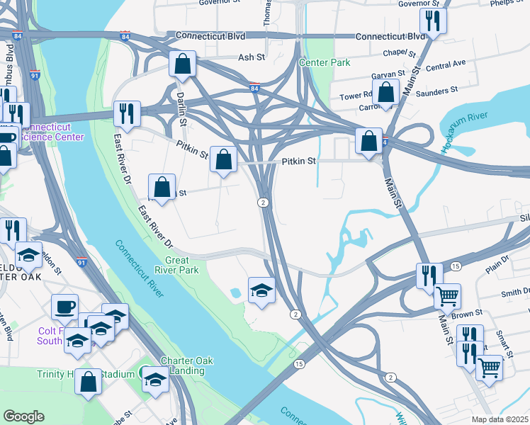 map of restaurants, bars, coffee shops, grocery stores, and more near Connecticut 2 in Hartford