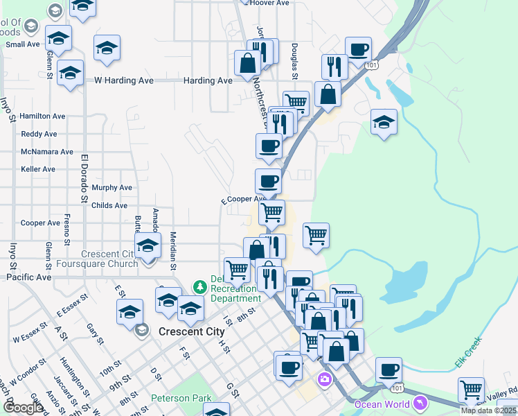 map of restaurants, bars, coffee shops, grocery stores, and more near 440 U.S. 101 in Crescent City
