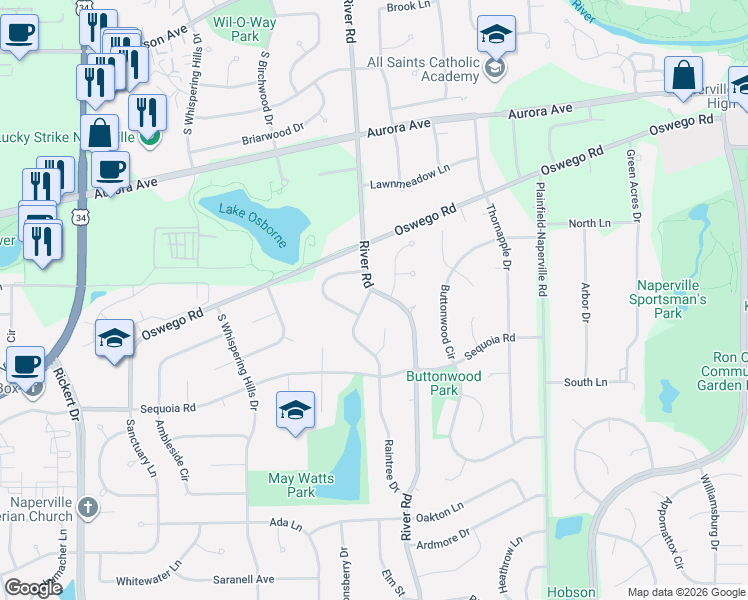 map of restaurants, bars, coffee shops, grocery stores, and more near 719 Raintree Drive in Naperville