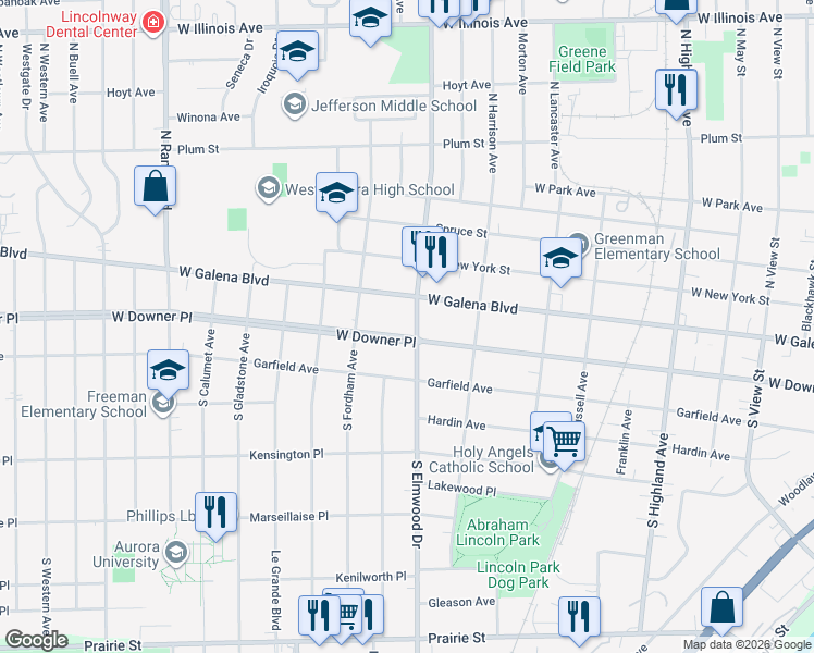map of restaurants, bars, coffee shops, grocery stores, and more near 1025 West Downer Place in Aurora