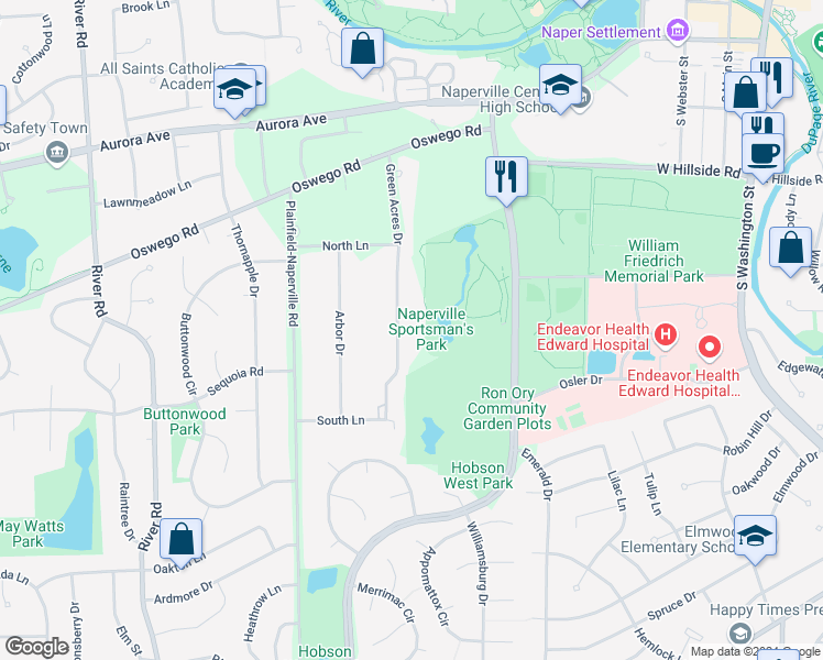 map of restaurants, bars, coffee shops, grocery stores, and more near 7S441 Green Acres Dr in Naperville