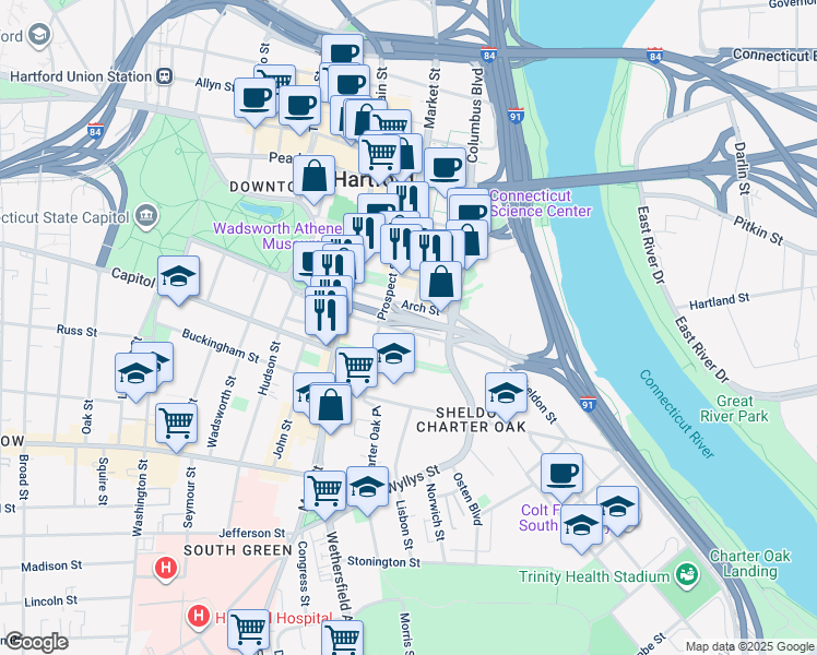 map of restaurants, bars, coffee shops, grocery stores, and more near 150 Sheldon Street in Hartford