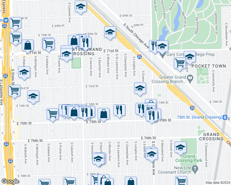 map of restaurants, bars, coffee shops, grocery stores, and more near 7320 South Saint Lawrence Avenue in Chicago