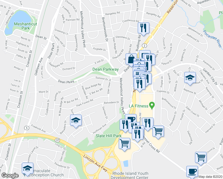 map of restaurants, bars, coffee shops, grocery stores, and more near 40 Glen View Drive in Cranston
