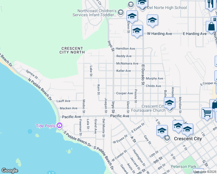 map of restaurants, bars, coffee shops, grocery stores, and more near 1085 Childs Avenue in Crescent City
