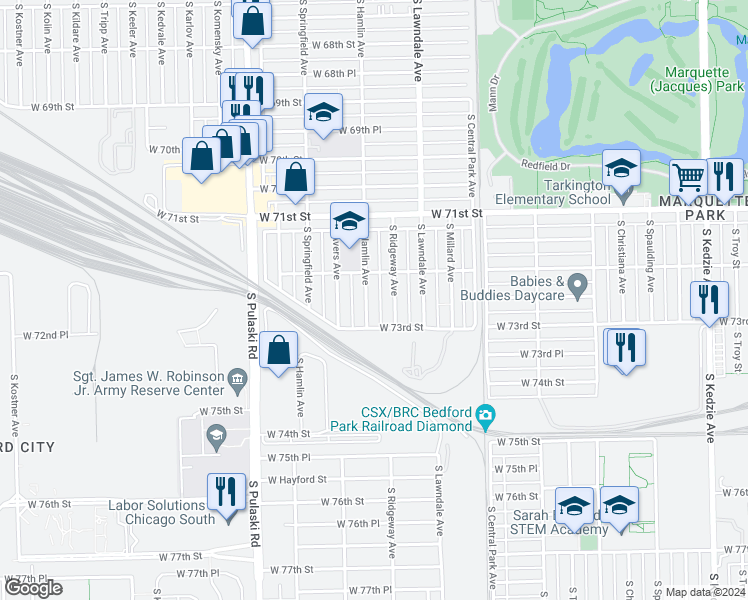 map of restaurants, bars, coffee shops, grocery stores, and more near 7229 S Hamlin Ave in Chicago
