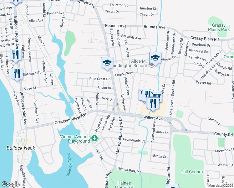 map of restaurants, bars, coffee shops, grocery stores, and more near 894 Willett Avenue in East Providence