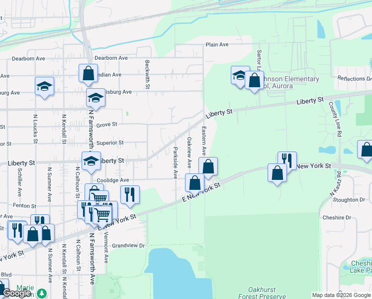 map of restaurants, bars, coffee shops, grocery stores, and more near 314 Oakview Avenue in Aurora