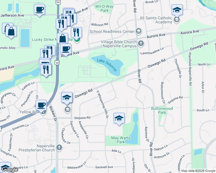 map of restaurants, bars, coffee shops, grocery stores, and more near 1408 Oswego Road in Naperville