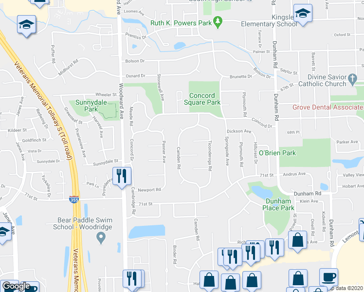 map of restaurants, bars, coffee shops, grocery stores, and more near 6867 Camden Road in Downers Grove