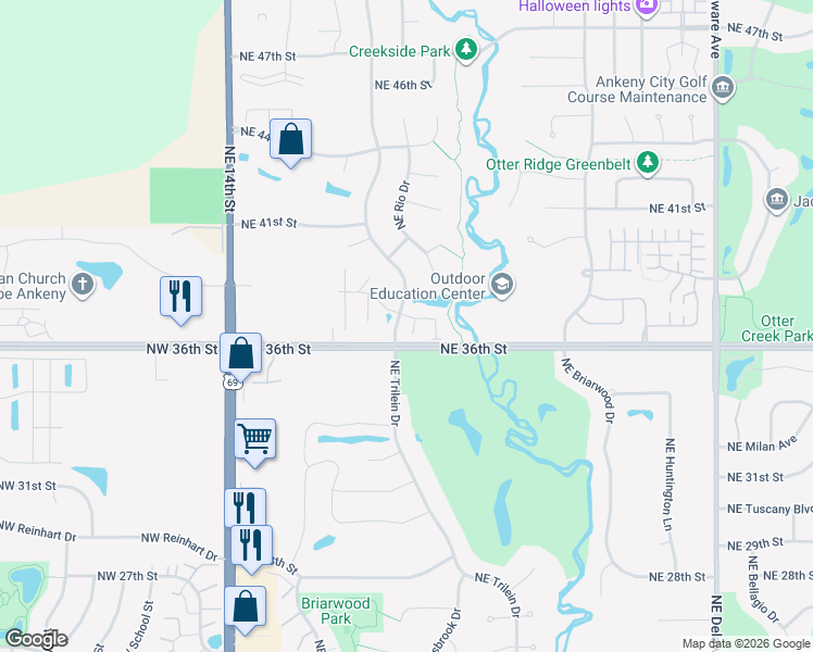 map of restaurants, bars, coffee shops, grocery stores, and more near 3612 Northeast Sadie Lane in Ankeny