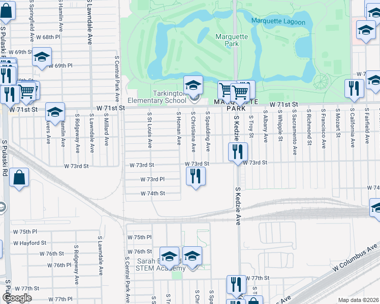 map of restaurants, bars, coffee shops, grocery stores, and more near 7234 South Christiana Avenue in Chicago