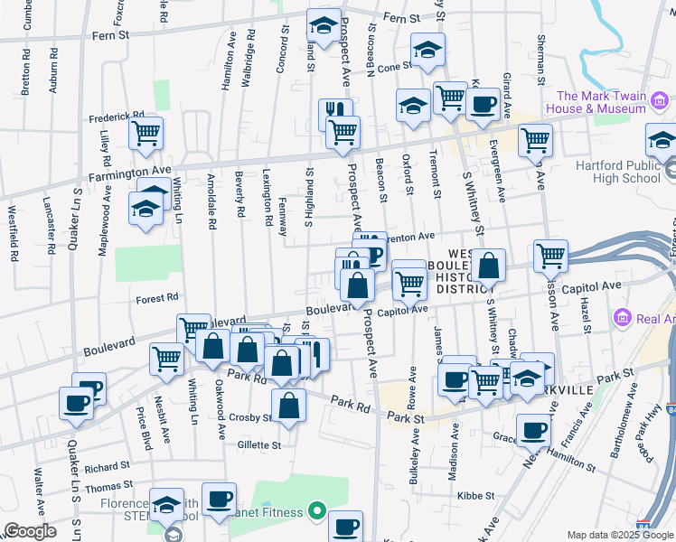 map of restaurants, bars, coffee shops, grocery stores, and more near 24 Fairview Street in West Hartford