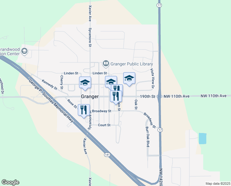 map of restaurants, bars, coffee shops, grocery stores, and more near 2200 State Street in Granger