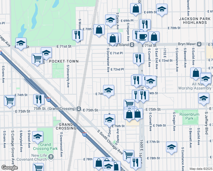 map of restaurants, bars, coffee shops, grocery stores, and more near 7330 South Dorchester Avenue in Chicago