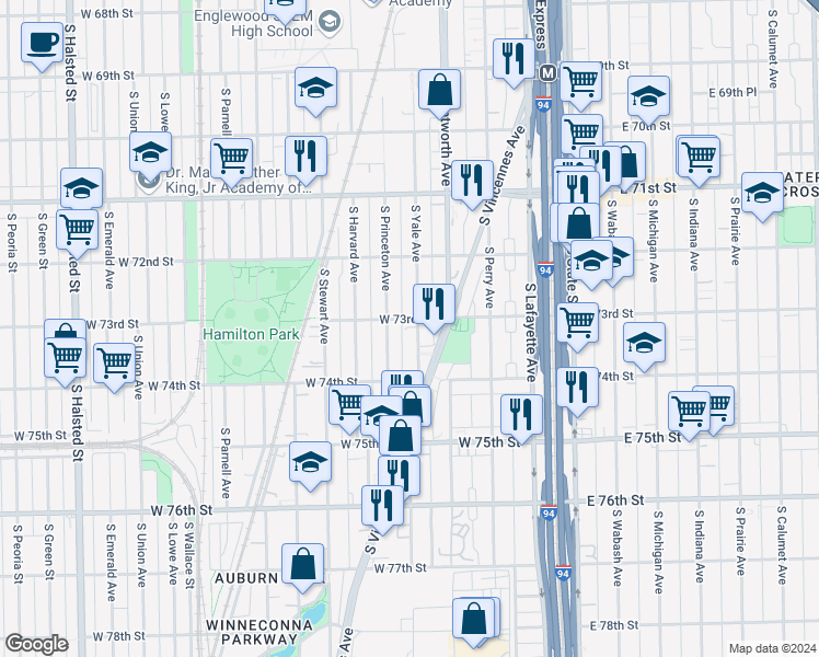map of restaurants, bars, coffee shops, grocery stores, and more near 7302 S Yale Ave in Chicago