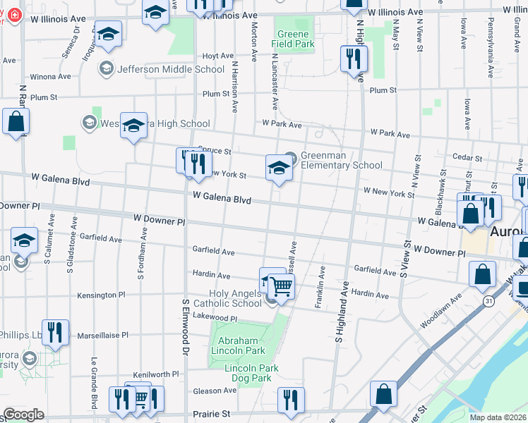 map of restaurants, bars, coffee shops, grocery stores, and more near 9 South Lancaster Avenue in Aurora
