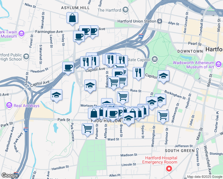 map of restaurants, bars, coffee shops, grocery stores, and more near 159 Russ Street in Hartford