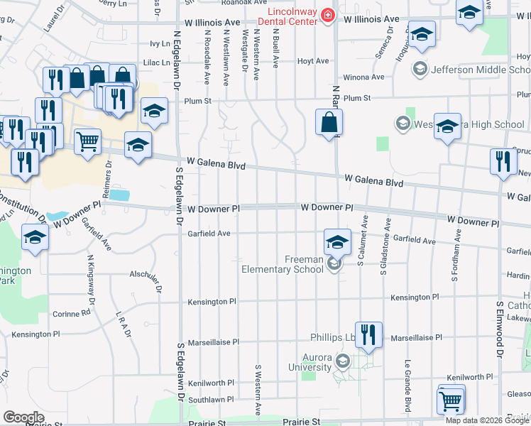 map of restaurants, bars, coffee shops, grocery stores, and more near 1536 West Downer Place in Aurora